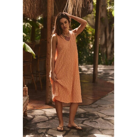 Free People Free Est Aida Maxi Dress A Line Crinkle Knit Sleeveless L New 284435 - Picture 2 of 9